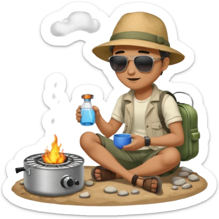 A man camper boiling water on a portable stove, enjoying the outdoor breeze sitting on the ground
 sticker