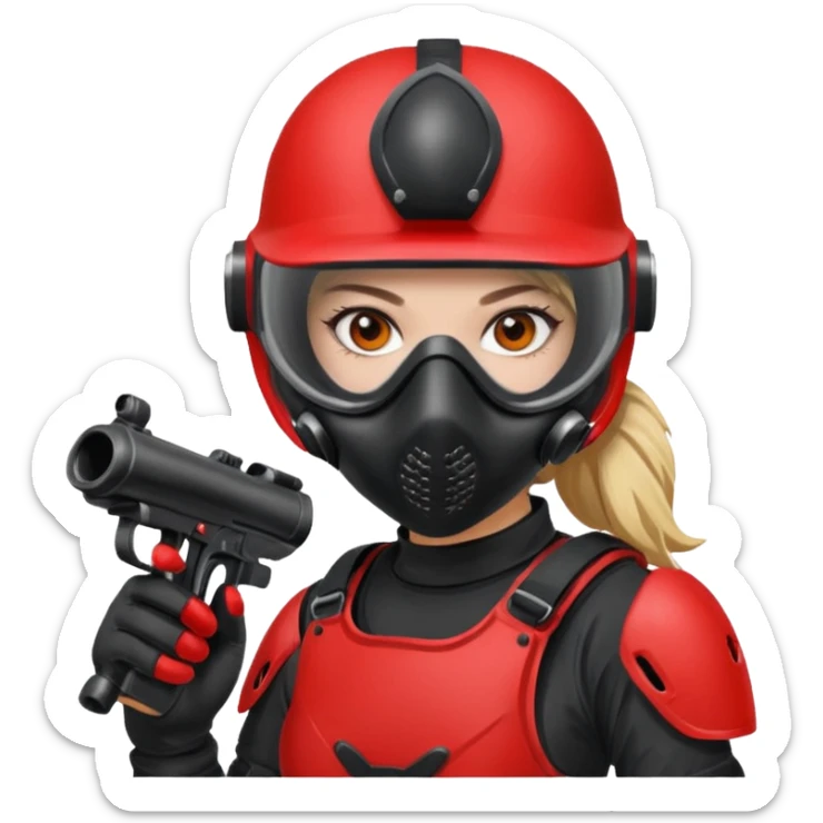 girl playing paintball with red paintball gear and only face sticker