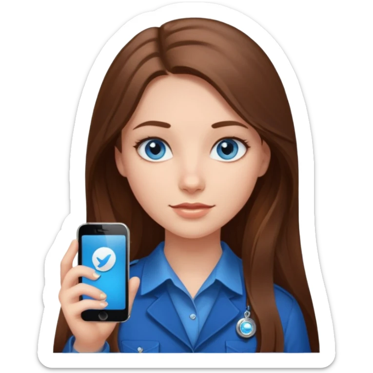 A girl with blue eyes and long brown hair with an iPhone and a telegram badge sticker