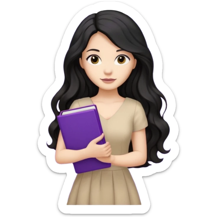Long Hair Women with purple Book, Black wavy hair, beige dress sticker