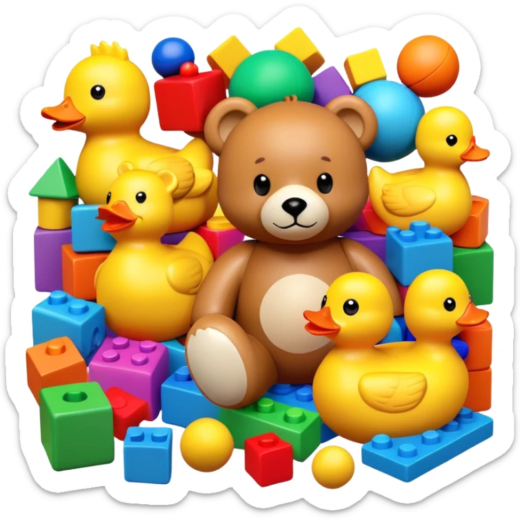 Colorful toys scattered together - teddy bear, rubber duck, toy blocks, ball, and action figures sticker