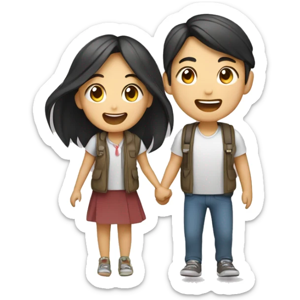 Cute Asian couple (girl with long hair) excitedly traveling  sticker