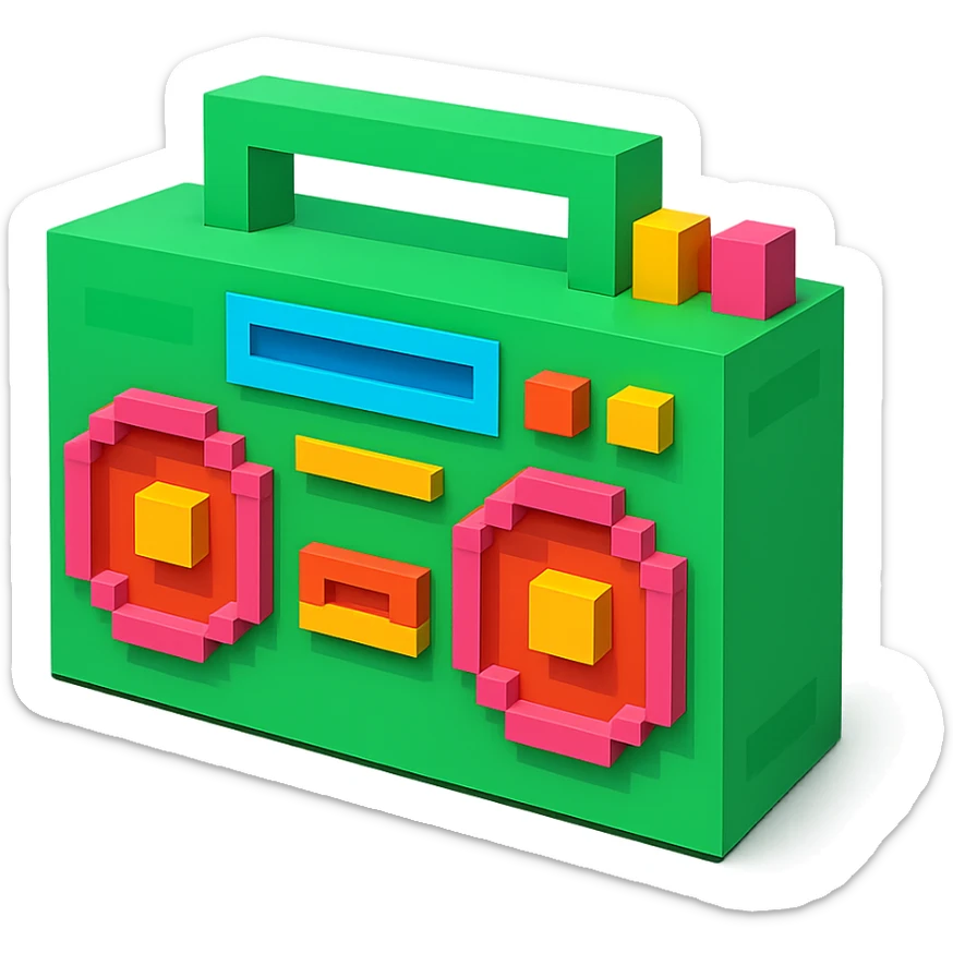 A boombox in voxel style, front view, green color sticker