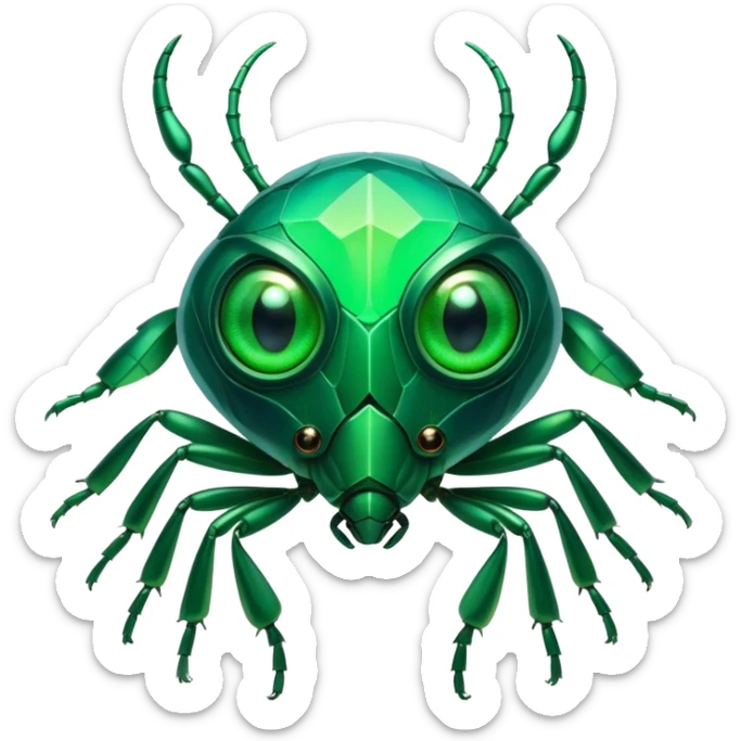 Cinematic Noble Green Bugdie Portrait Emoji, Poised and regal, with a tiny, delicate build and a vibrant, well-detailed emerald exoskeleton, deep-set soulful multifaceted eyes, Simplified yet sharp and sophisticated features, highly detailed, glowing with a soft, dignified glow, high shine, intelligent and alert, stylized with an air of miniature majesty, focused and attentive, soft glowing outline, capturing the essence of a watchful and confident insect, so majestic it feels as though it could scuttle out of the screen with effortless authority! sticker