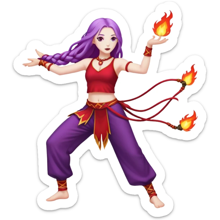 Full body Poi fire dance performer pale skin with long purple hair red clothes sticker