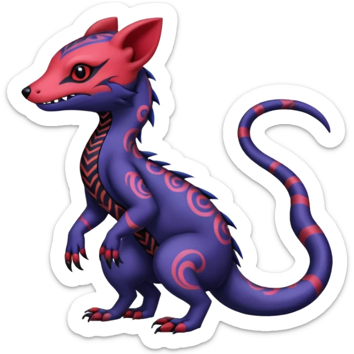 Rare warm-colored exotic gloomy tropical edgy cute epic aesthetic spooky indigo violet white black red gothic colorful Salandit-Noibat-Civet-species-Fakemon-hybrid-creature, with tribal tattoo markings, full body sticker