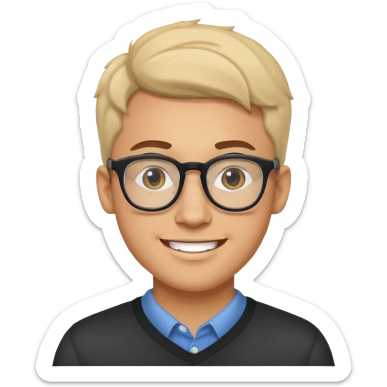 a man in his early 20s wearing glasses for a tech company, his job is marketer, extroverted sticker