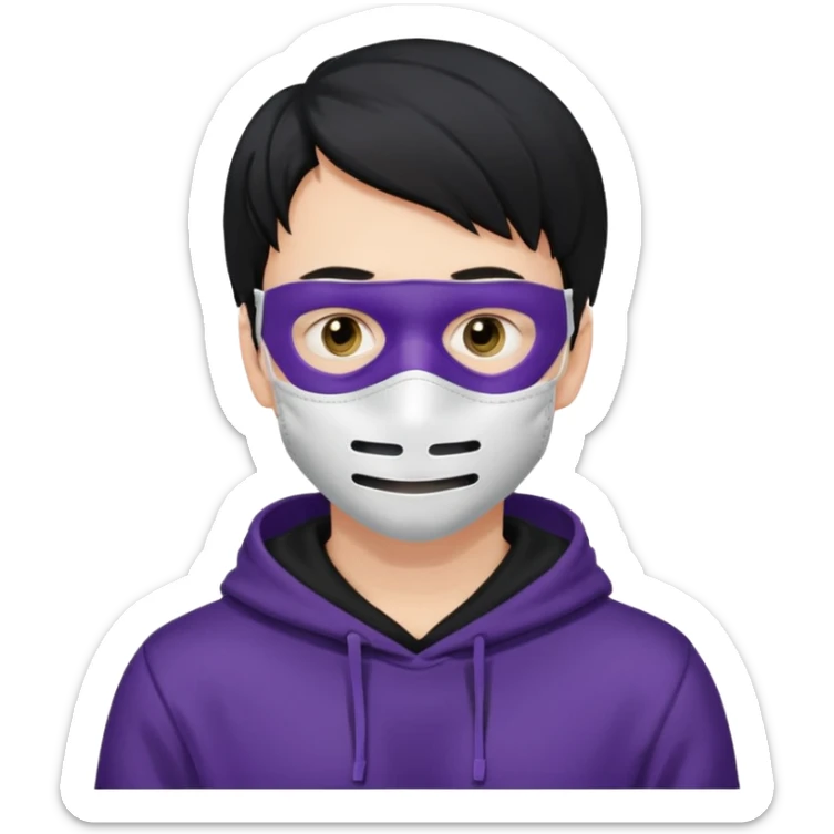white man with black hair and black hoodie violett face mask sticker