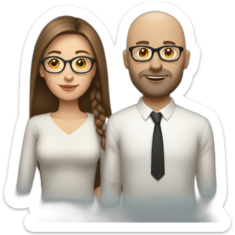 white couple woman with long brown hair and bald man with glasses sticker