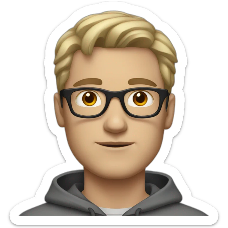 White man with black tinted glasses and black hair in a gray hoodie sticker