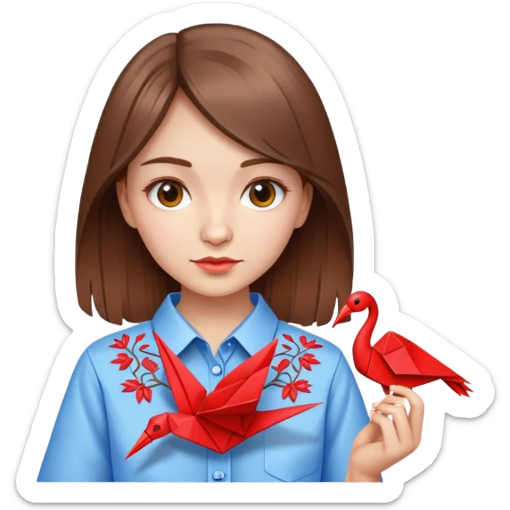 Ukrainian young girl with brown hair wearing an embroidered shirt holds an origami red crane sticker
