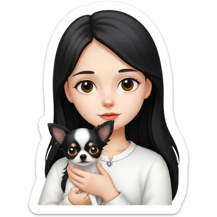 A girl with fair skin, wearing white clothes, holding a black long-haired Chihuahua sticker