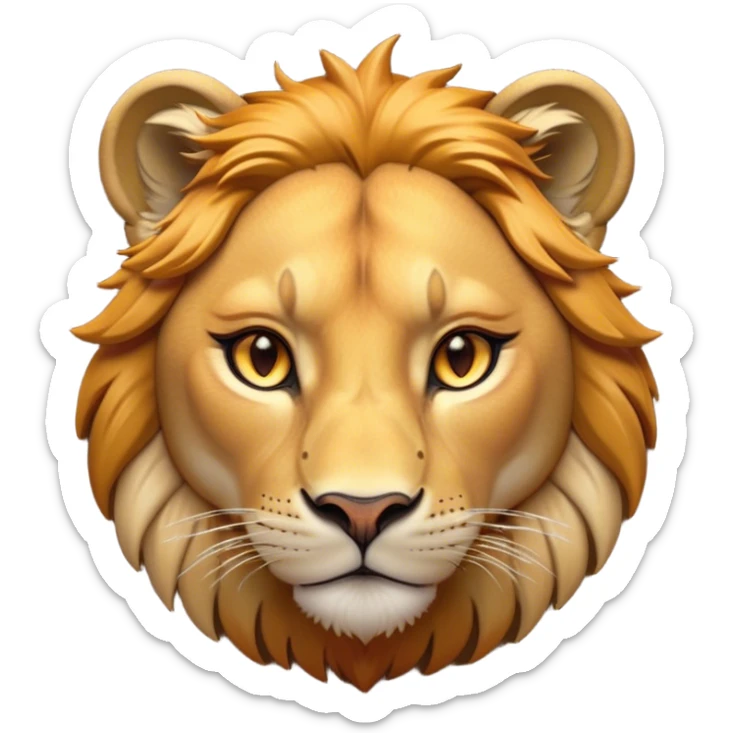 Cinematic Noble Lioness Portrait Emoji, Poised and regal, with a graceful, athletic build and a sleek, tawny Fur, piercing soulful amber eyes, Simplified yet sharp and sophisticated features, highly detailed, glowing with a warm, dignified glow, high shine, intelligent and fierce, stylized with an air of wild elegance, focused and attentive, soft glowing outline, capturing the essence of a watchful and confident lioness, so majestic it feels as though it could silently prowl out of the screen with effortless authority! sticker