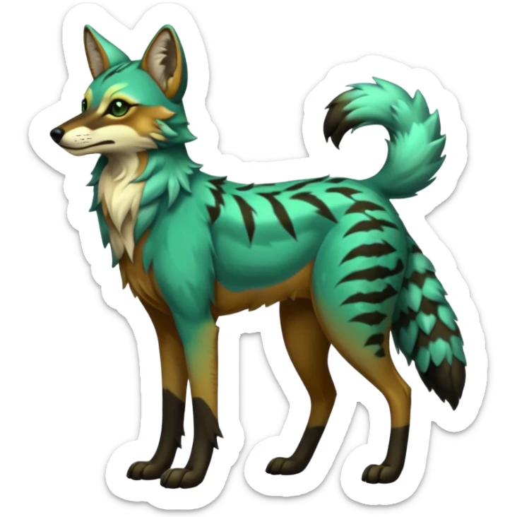 Shiny Green Colorful Dusky Dark Gloomy Glossy Maned-Wolf-Genet-Bobcat-fusion-animal-hybrid-creature, full body sticker