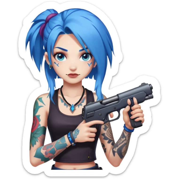 Jinx from League of Legends with blue hair and tattoos, holding guns sticker