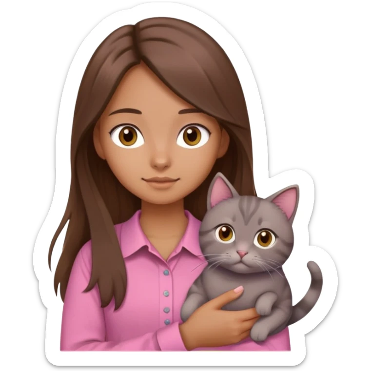 girl with long brown hair and brown eyes wearing a pink shirt holding a gray cat sticker
