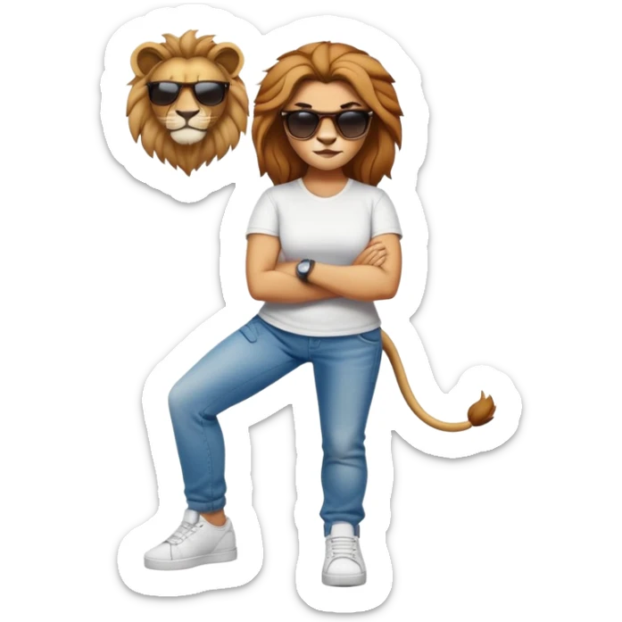 female lion character, full body, standing with arms crossed, wearing jeans, white t-shirt, trainers, dark sunglasses, strong and determined look sticker
