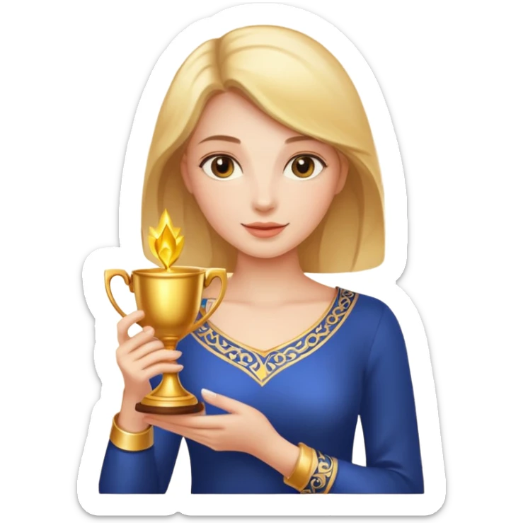 A woman holds a golden cup in her hands. There is a glow around the girl. sticker