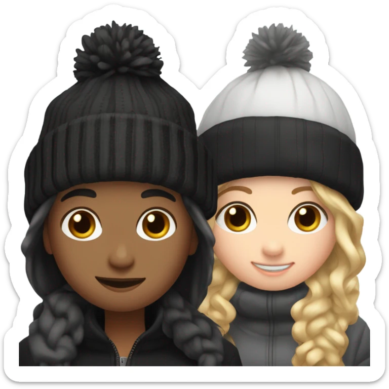 2 best friend, one of them is brown and blonde wavy hair in black winter cap, and the othet one is black straight hair with black winter cap sticker