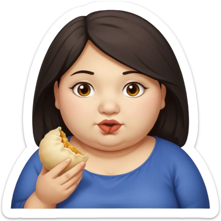Can you create an emoji of a half Indian - half white 23 year old girl with dark brown mid length hair and brown eyes who is super obese and eating a dumpling sticker
