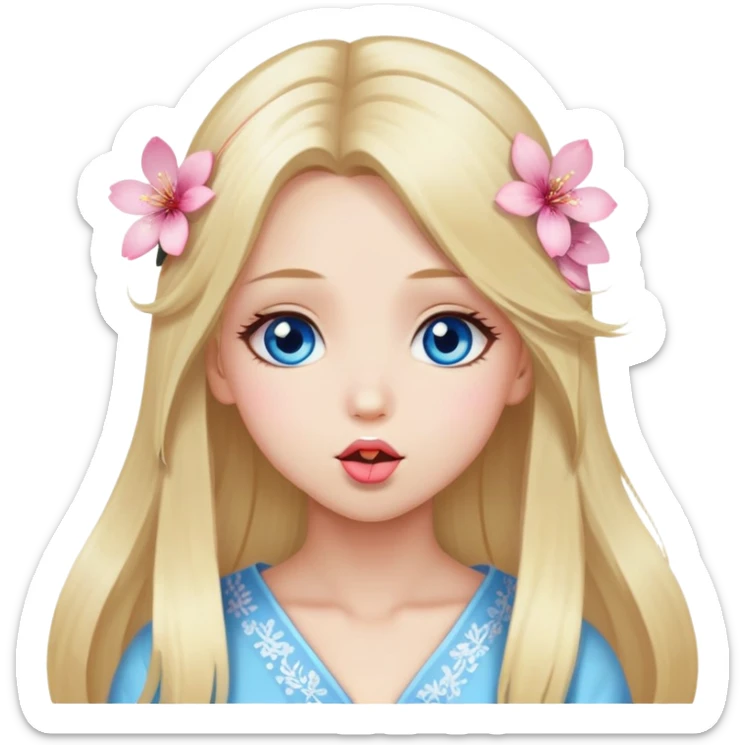 Girl with long blond hair and sakura accessories on her hair have blue eyes beautiful finish and she sending lovely kisses  sticker