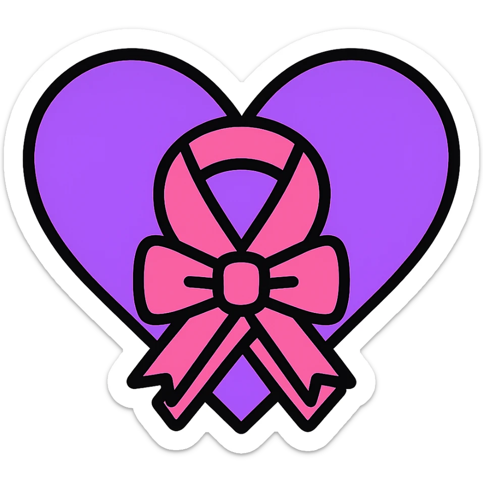 Add a bow to the ribbon on the purple heart, keep the color outline icon style, with no background. sticker