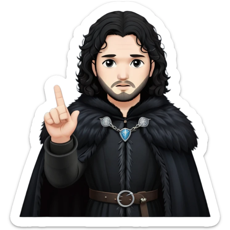 Jon Snow from Game of Thrones, dressed in black fur cloak, with long curly hair and a serious expression, raising his middle finger. sticker