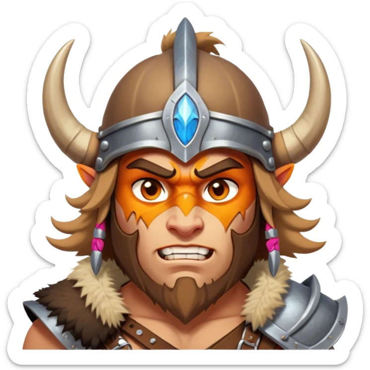 Clash of Clans aesthetic: Cinematic Fierce Barbarian Portrait Emoji, Poised and bold with a rugged yet cartoonish build in tattered furs and a horned helmet, his exposed skin a rich tan, expressive bright eyes and a confident smirk, Simplified yet dynamic features, highly detailed, glowing with a vivid, adventurous aura, high shine, heroic and spirited, stylized with an air of medieval warrior charm, focused and energetic, soft glowing outline, capturing the essence of a fearless barbarian adventurer ready to lead his clan with spirited valor! sticker