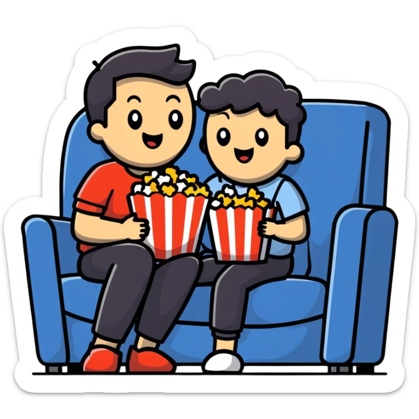 Person sitting comfortably on couch watching movie with popcorn in hand, excited expression sticker