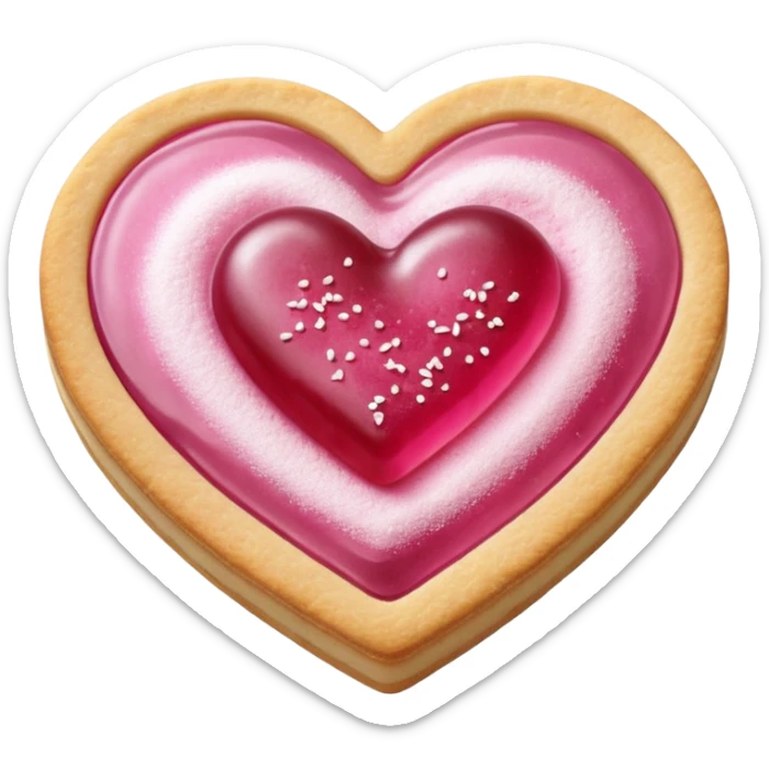 Realistic shortbread cookie in the shape of a heart with pink jelly middle filling and sprinkled powder sugar on top. sticker