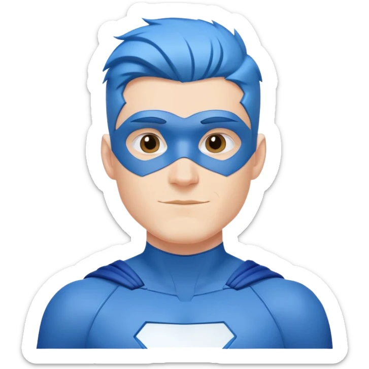 "Emoji of a friendly, clean-shaven man with blue hair, wearing a sleek blue and white superhero suit. The suit has a large blank area on the chest for a logo. Cheerful expression, minimalist style sticker