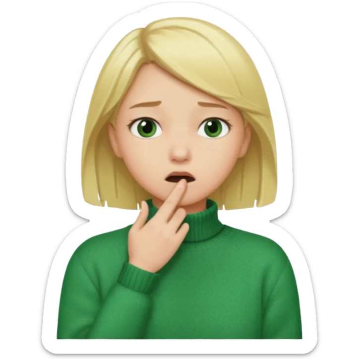 blonde girl has sore throat in green sweater with hand on throat sticker