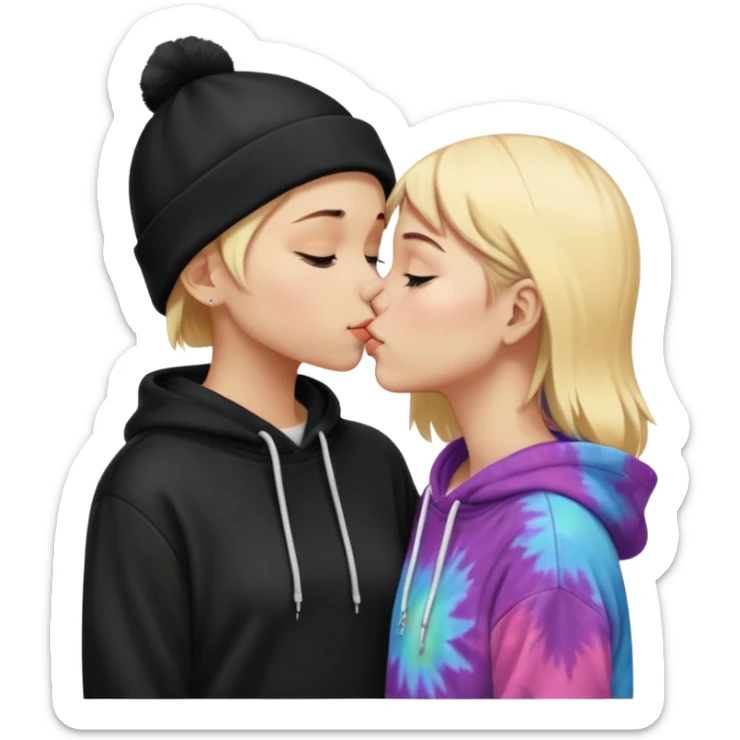 Short short haired white girl in a hoodie and a black beanie kissing a tall short long blonde haired girl wearing a black beanie and a tiedye hoodie sticker
