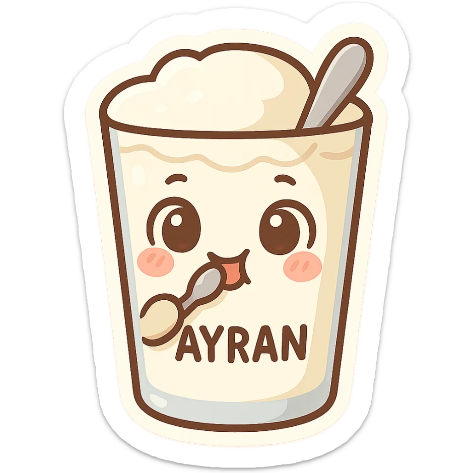 Ayran bardağı, ağzında kaşıkla yemek yiyormuş gibi, karikatürize edilmiş, cute chibi sticker style sticker