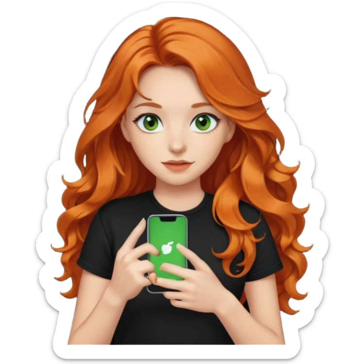 Girl with dark long orange wavy hair, green eyes, and black t-shirt with tiktok on hand sticker