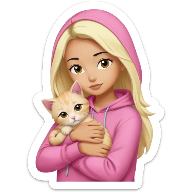 pretty woman wear pink hoodie and her hair is black..hugs a blonde kitten  sticker