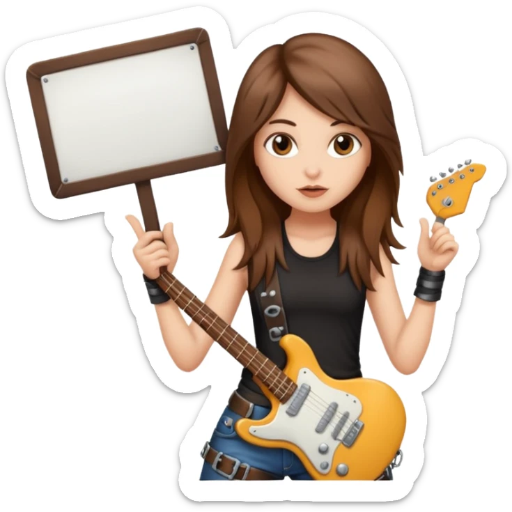 A fair skin rocker chick with long brown hair holding a large blank sign sticker