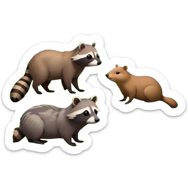 Collage of a raccoon and capybara in a lush, vibrant forest. The raccoon curiously looks around, while the capybara rests peacefully near a stream. The forest is full of green trees, leaves, and soft sunlight. A serene and natural background. sticker