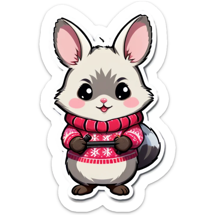 Cute girl chinchilla knitting on wearing snow skis sticker