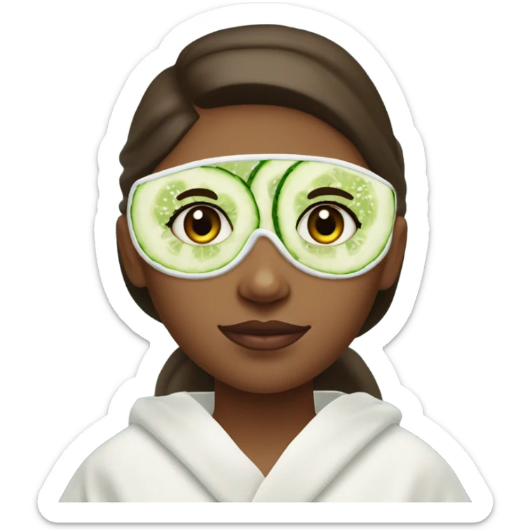 Girl with freackles Brown hair white skin and blue eyes wears Green colored texture skin care mask while She relaxes and puts two round piece of cucumber on her closed eyes In a white Robe sticker