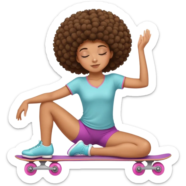 Chica morena con pelo afro durmiendo ,haciendo ejercicio de patinaje y yoga sticker