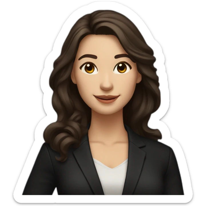Caucasian Woman with voluminous long dark brown hair, dark brown eyes, pretty smile, dressed with a black blazer and pointing upwards sticker