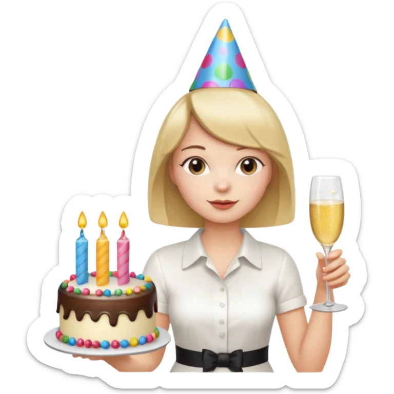 una festa di compleanno con una camicia bianca UNA ragazza con il caschetto e una torta e un cappellino  sticker