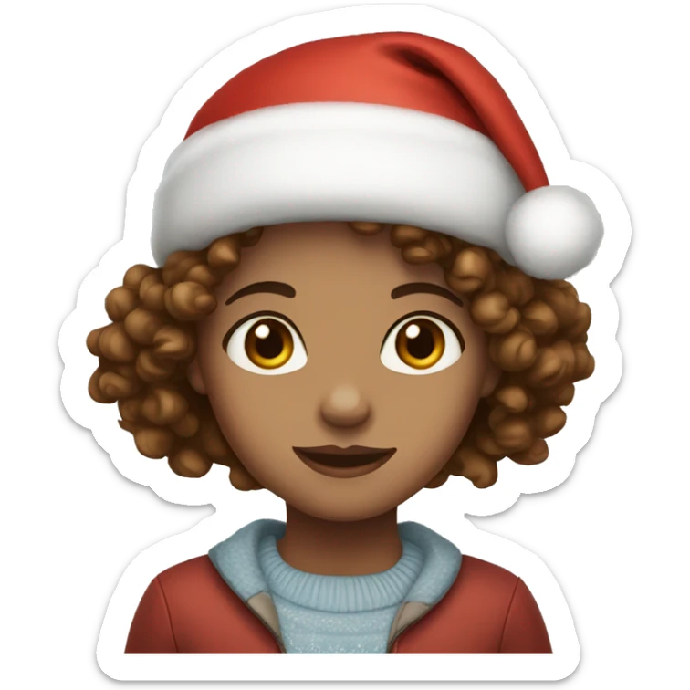 Girl with Light skin blue eyes and Curly brown hair wearing Christmas hat sticker