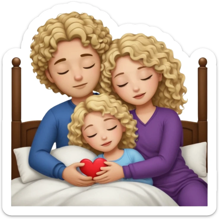 cuddling in bed, asleep. wavy haired blonde girl. curly haired dark brown hair man. eyes closed. heart between them. no headboard sticker