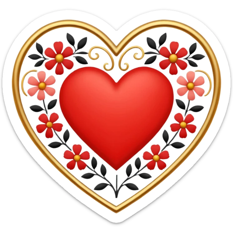 red heart with a simple Scandinavian floral folk motif inside, colorful motif with black outline, simple and bold for small size, gold embossed border around the red heart sticker