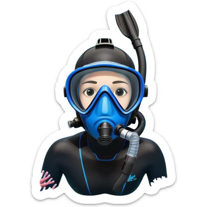 An icon featuring a close-up of a freediving mask and snorkel, with a breath-holding diver's fins, set against a vibrant underwater world. The design includes coral reefs, fish, and bubbles, symbolizing the serene beauty and thrill of freediving. Transparent background highlights the calm sticker
