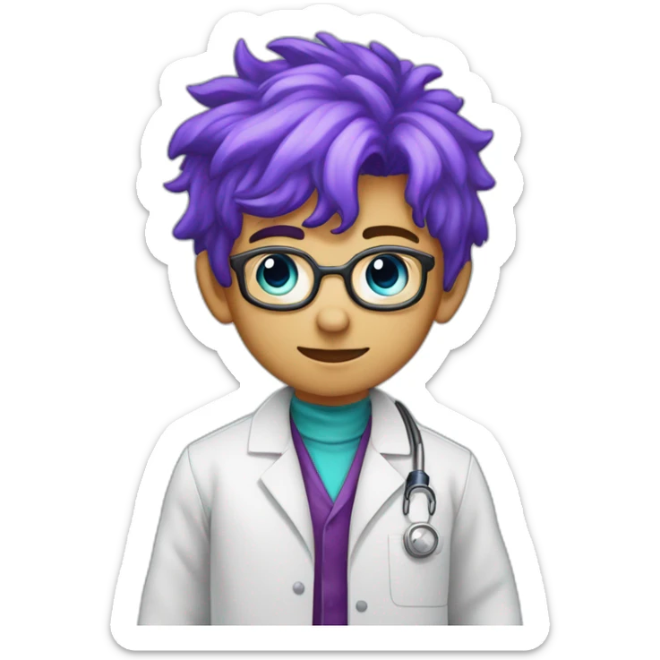 A young boy with a lab coat and a blue shirt underneath with purple hair in the style of the mad scientist sticker
