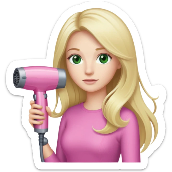 blonde with long hair and swamp eyes holding a pink Dyson hair dryer sticker