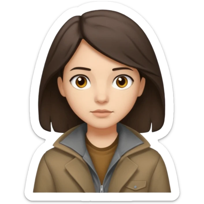 Hobo tomboy with shoulder-length dark brown hair that is parted in the middle. brown eyes, dark dull brown coat, grey shirt. sticker